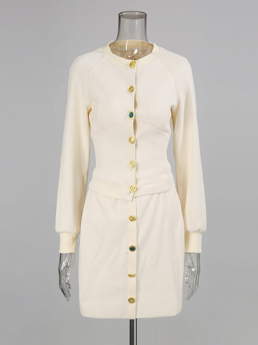 Apricot Cropped Jacket & Skirt Set with Gold Buttons - SISPELL