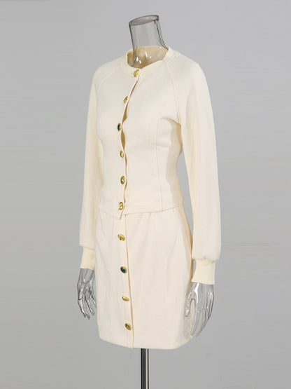 Apricot Cropped Jacket & Skirt Set with Gold Buttons - SISPELL