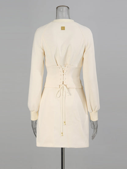 Apricot Cropped Jacket & Skirt Set with Gold Buttons - SISPELL