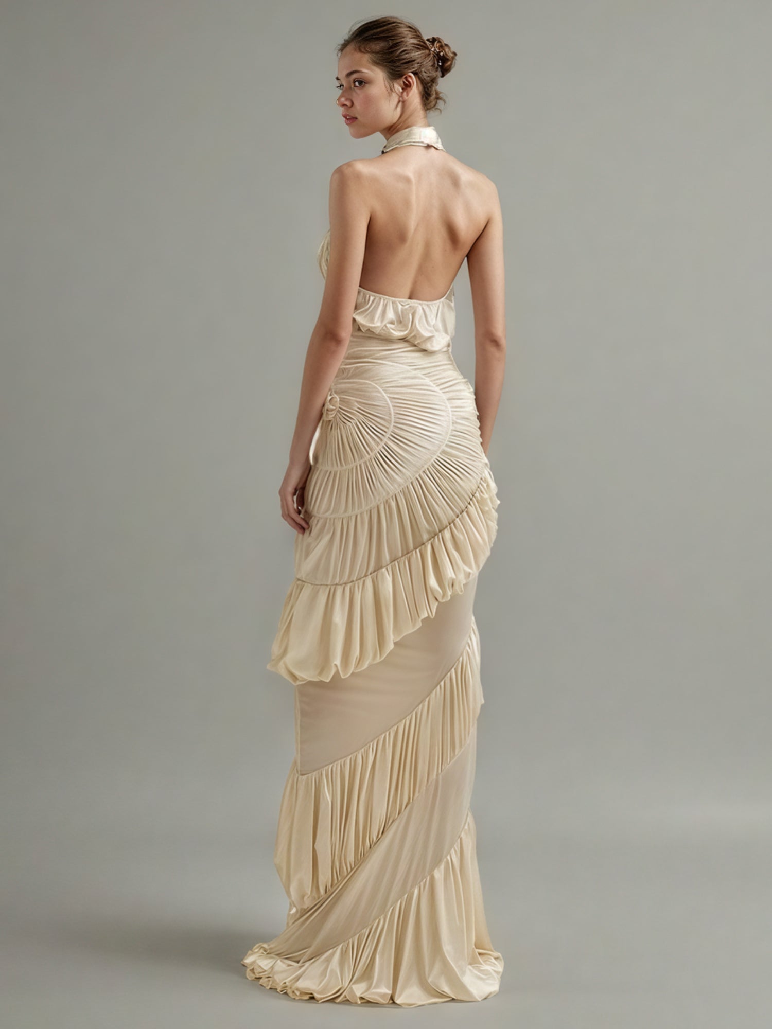 Apricot Halter Maxi Dress with Ruffled Spiral - SISPELL