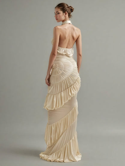 Apricot Halter Maxi Dress with Ruffled Spiral - SISPELL