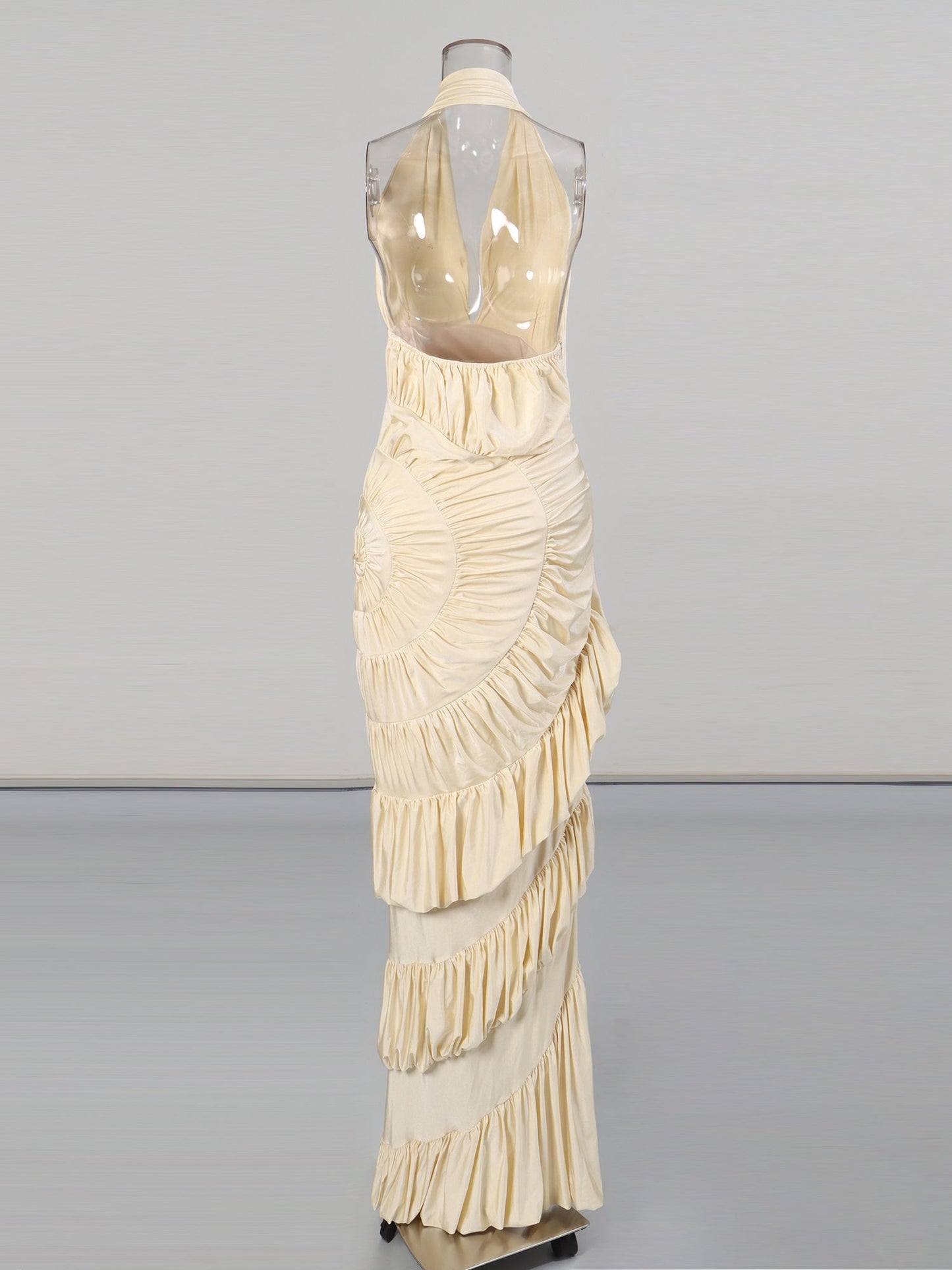 Apricot Halter Maxi Dress with Ruffled Spiral - SISPELL