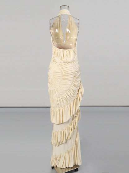 Apricot Halter Maxi Dress with Ruffled Spiral - SISPELL