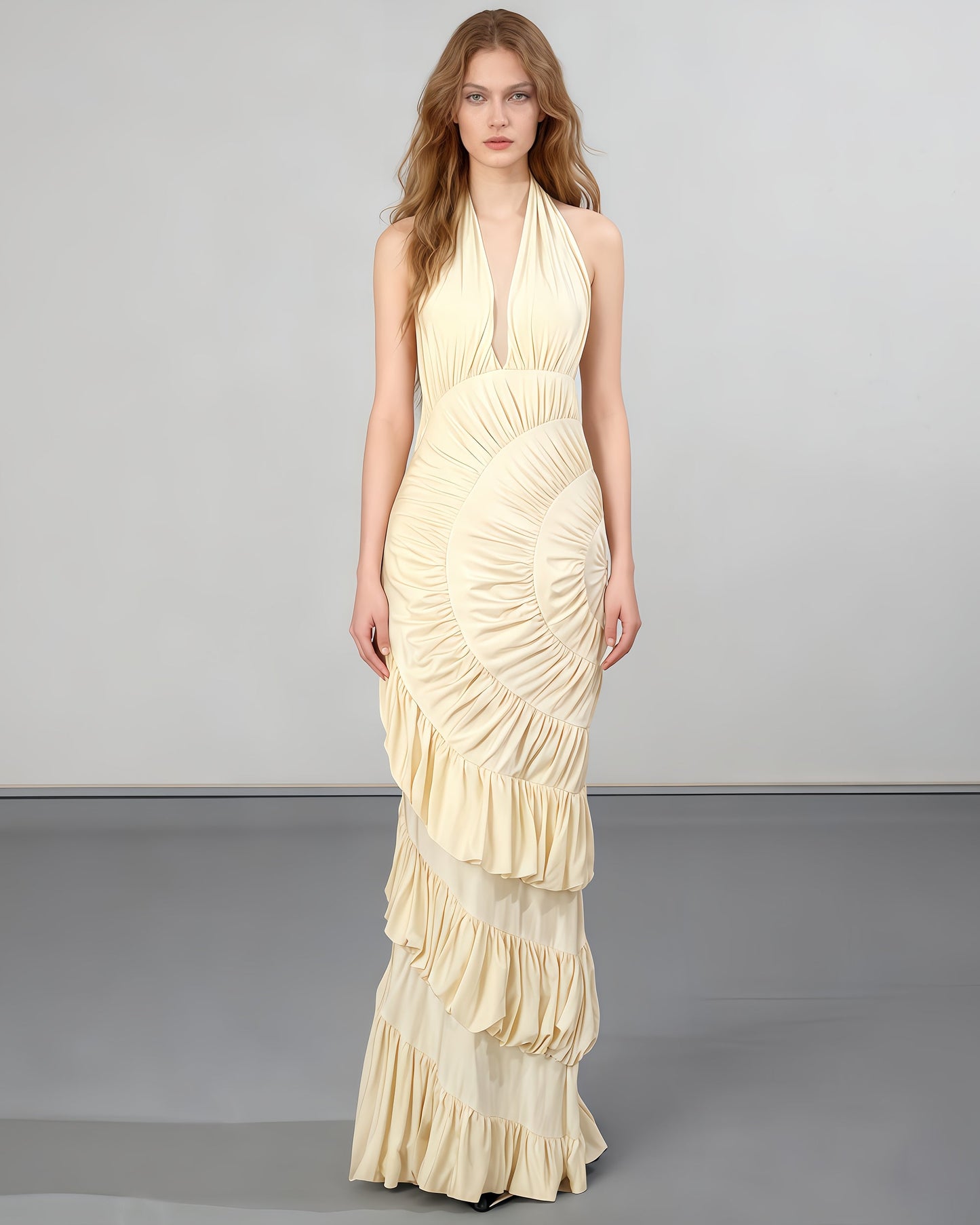 Apricot Halter Maxi Dress with Ruffled Spiral - SISPELL