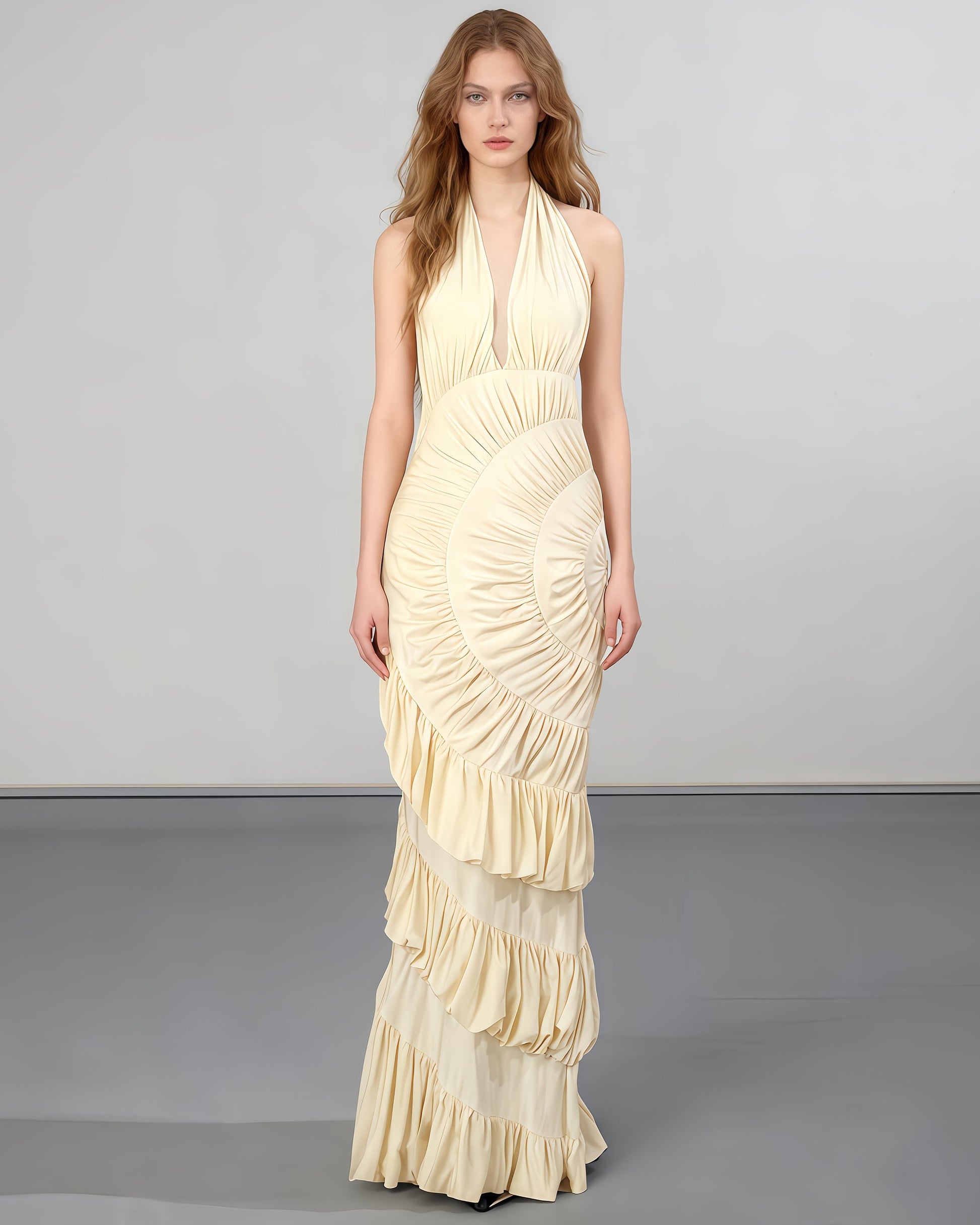 Apricot Halter Maxi Dress with Ruffled Spiral - SISPELL
