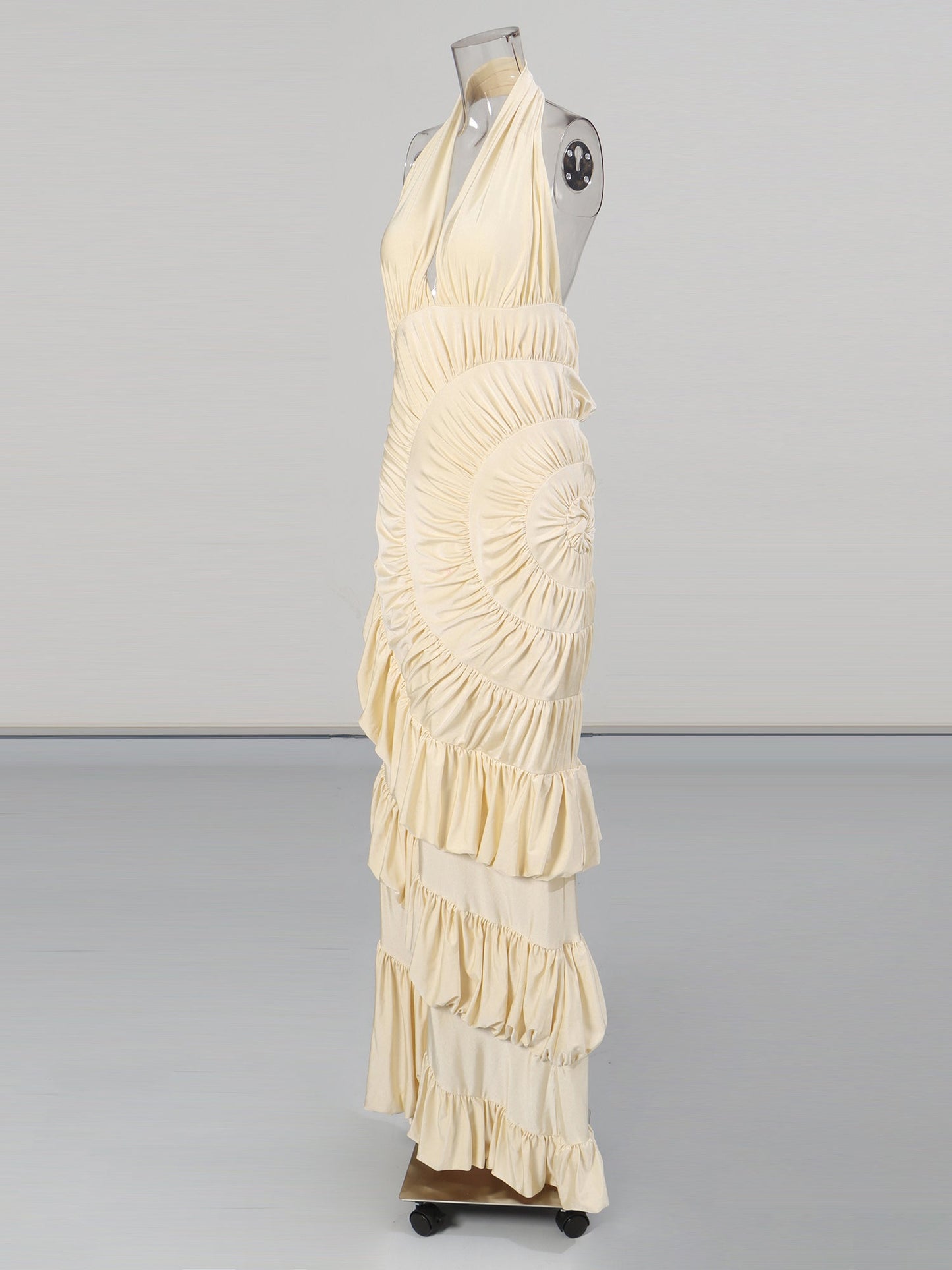 Apricot Halter Maxi Dress with Ruffled Spiral - SISPELL