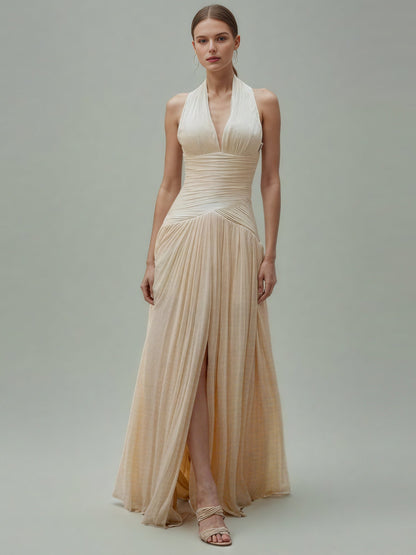 Apricot Halter Neck Ruched Maxi Dress with Side Slit - SISPELL