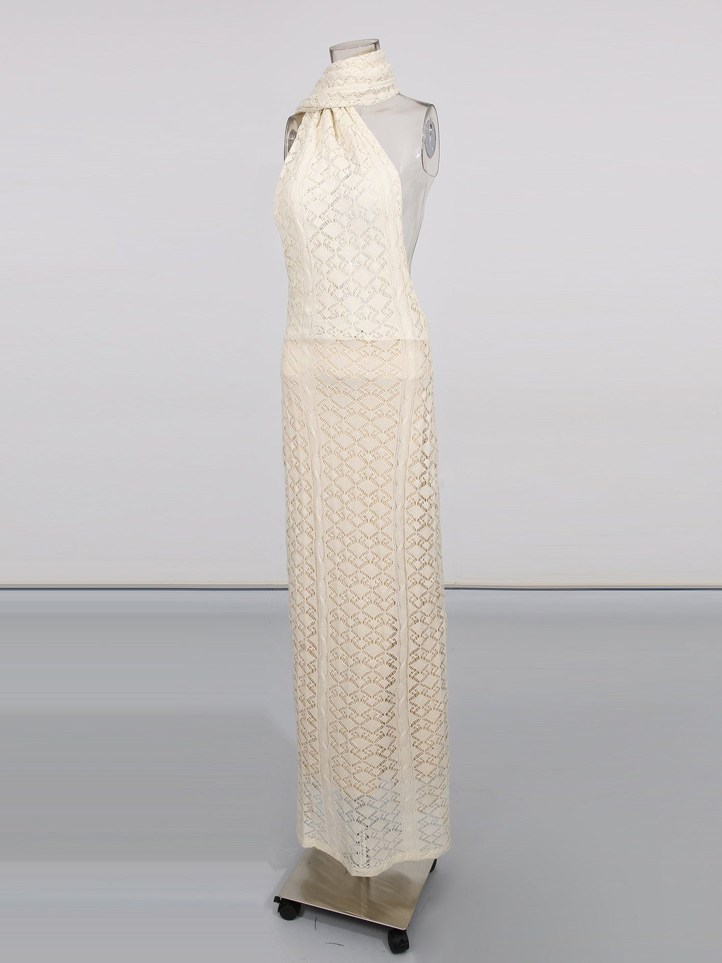 Apricot Lace Halter Maxi Dress with Scarf Detail - SISPELL