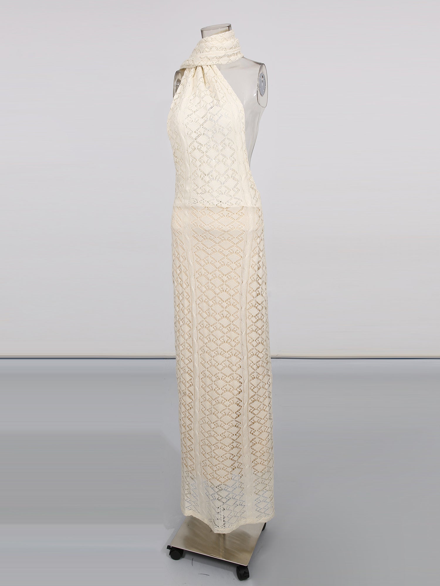 Apricot Lace Halter Maxi Dress with Scarf Detail - SISPELL