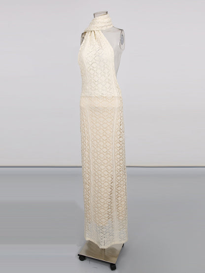 Apricot Lace Halter Maxi Dress with Scarf Detail - SISPELL