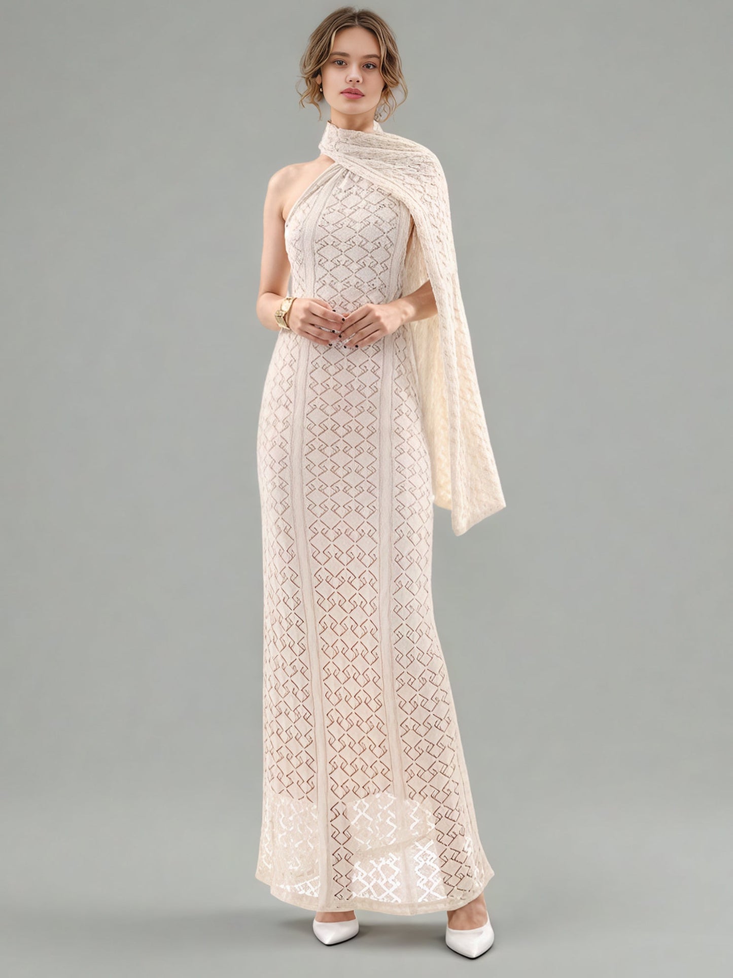 Apricot Lace Halter Maxi Dress with Scarf Detail - SISPELL