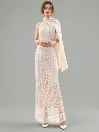 Apricot Lace Halter Maxi Dress with Scarf Detail - SISPELL