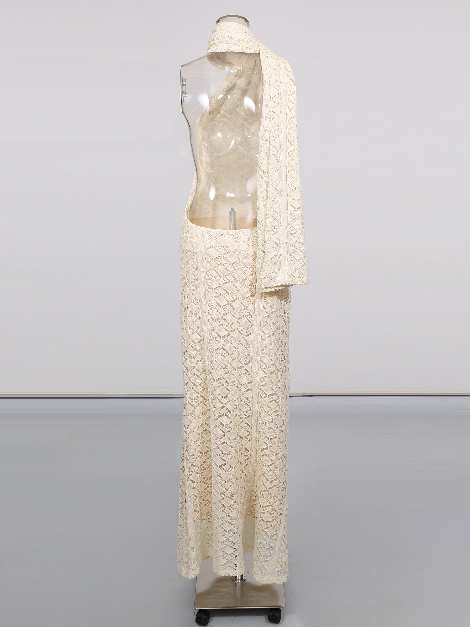 Apricot Lace Halter Maxi Dress with Scarf Detail - SISPELL