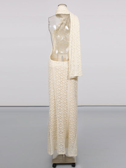 Apricot Lace Halter Maxi Dress with Scarf Detail - SISPELL