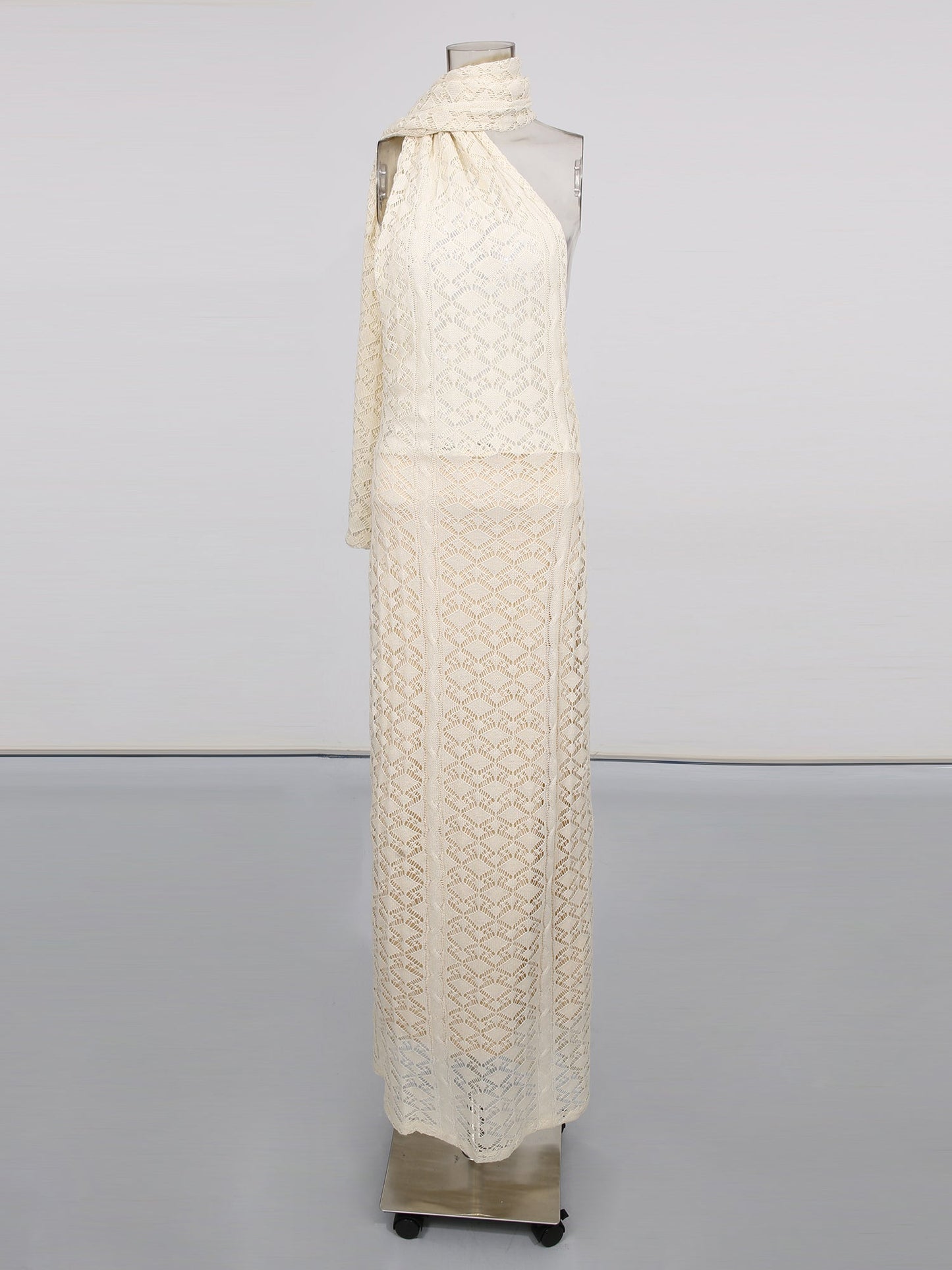 Apricot Lace Halter Maxi Dress with Scarf Detail - SISPELL