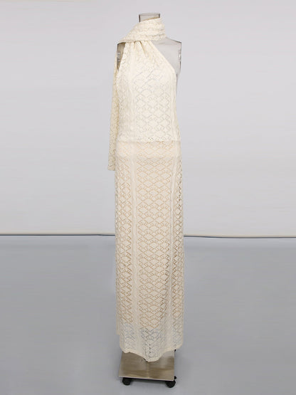 Apricot Lace Halter Maxi Dress with Scarf Detail - SISPELL