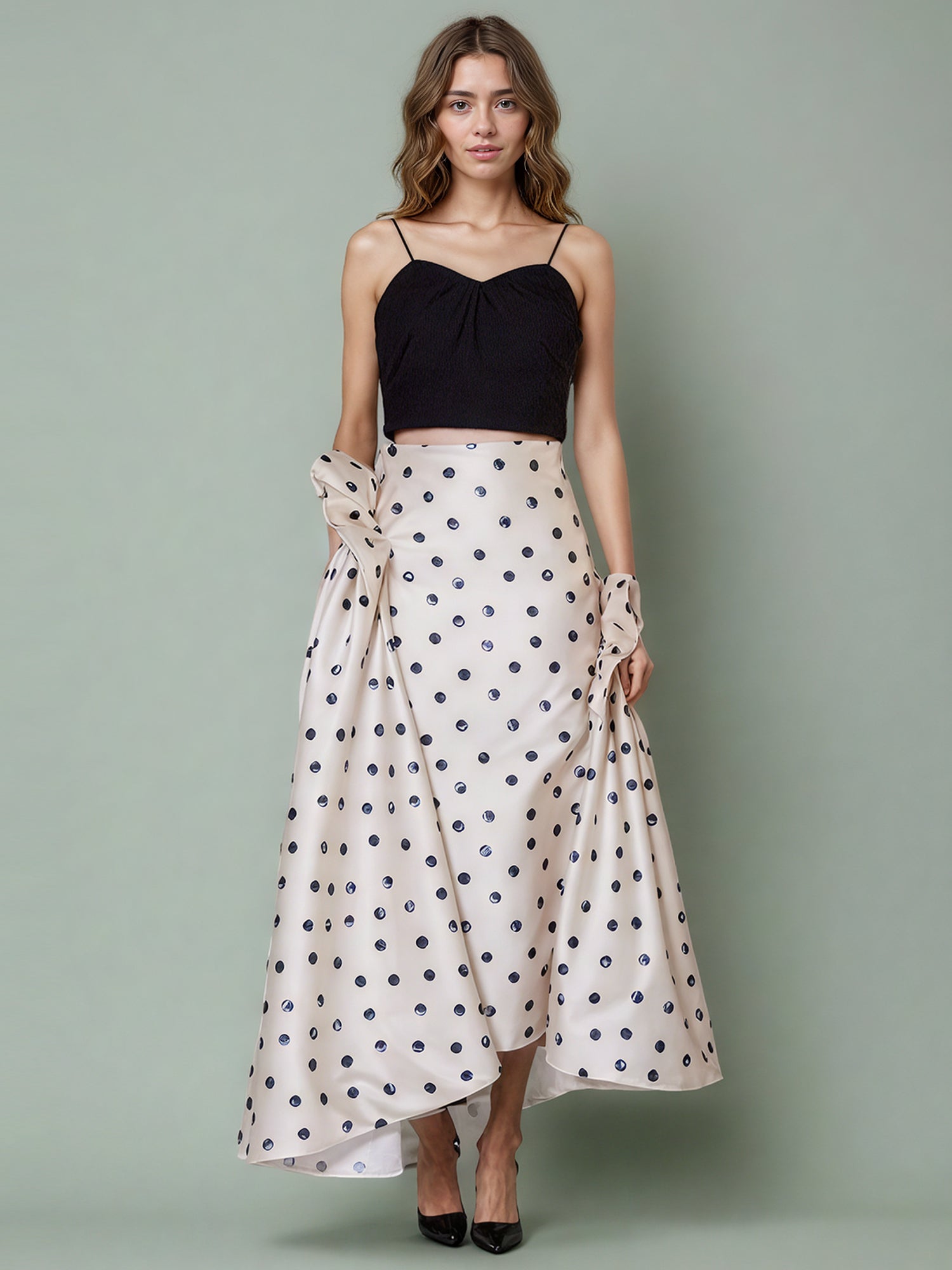 Apricot Polka Dot Midi Skirt with Ruffle Details - SISPELL