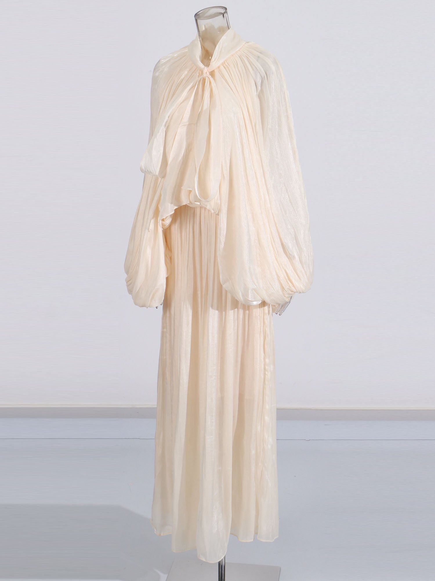 Apricot Puff Sleeve Tie Neck Maxi Dress - SISPELL