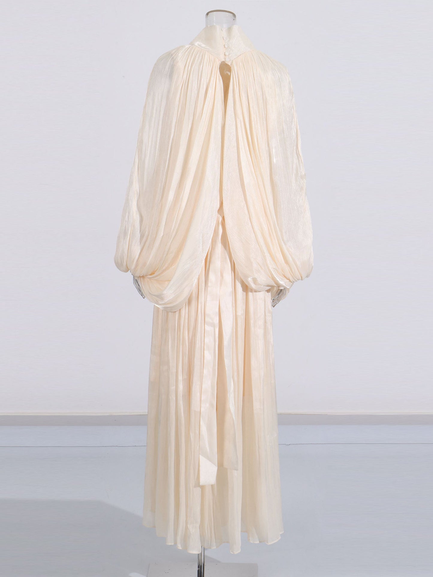 Apricot Puff Sleeve Tie Neck Maxi Dress - SISPELL