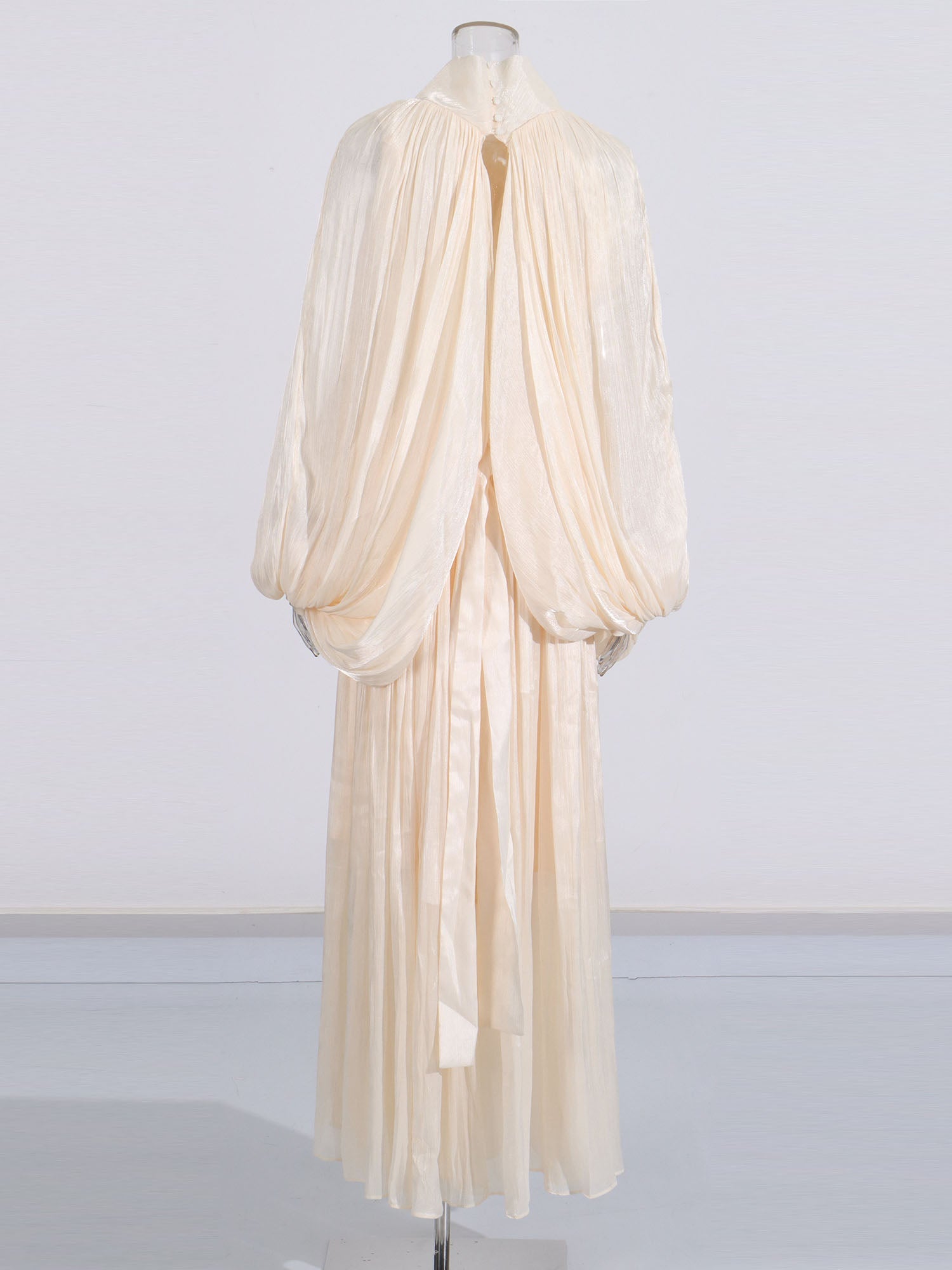 Apricot Puff Sleeve Tie Neck Maxi Dress - SISPELL