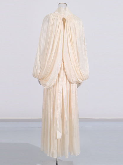 Apricot Puff Sleeve Tie Neck Maxi Dress - SISPELL