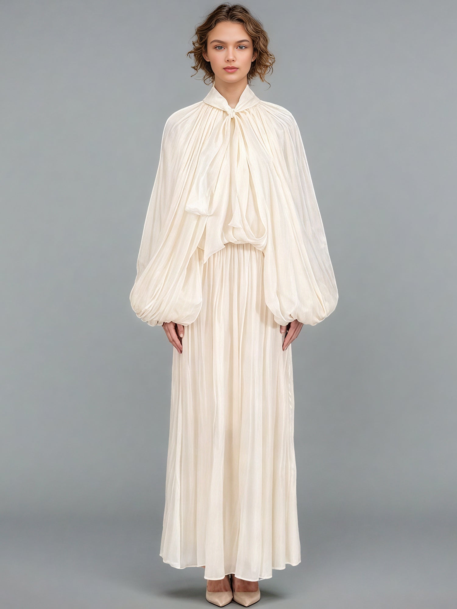 Apricot Puff Sleeve Tie Neck Maxi Dress - SISPELL