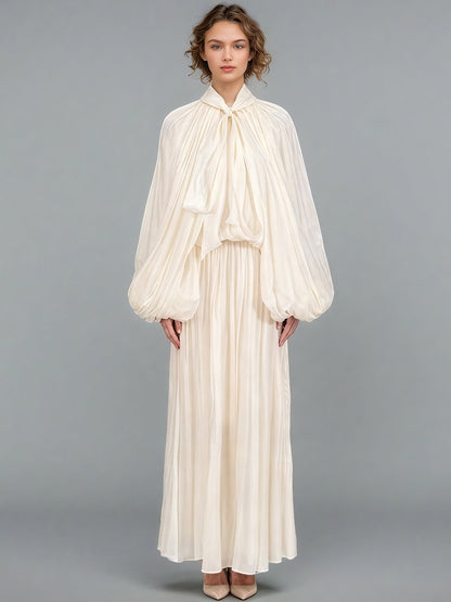 Apricot Puff Sleeve Tie Neck Maxi Dress - SISPELL