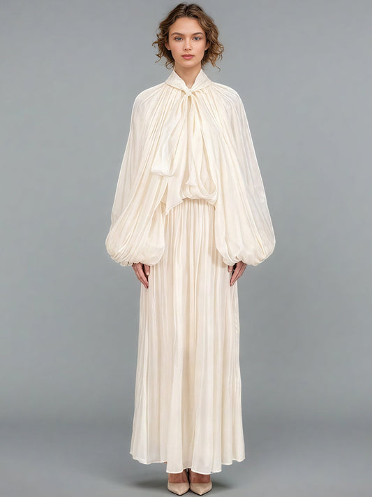 Apricot Puff Sleeve Tie Neck Maxi Dress - SISPELL