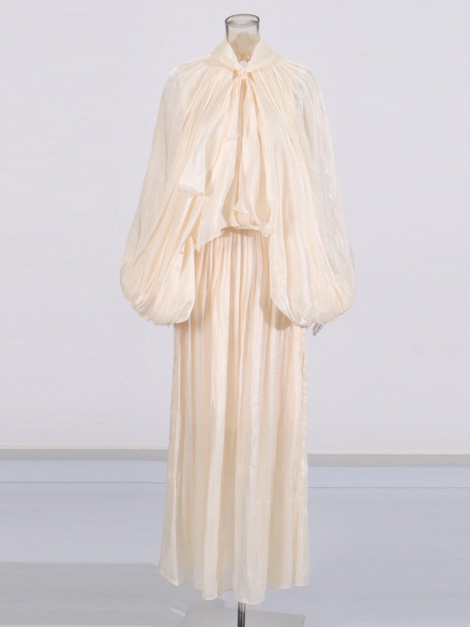 Apricot Puff Sleeve Tie Neck Maxi Dress - SISPELL