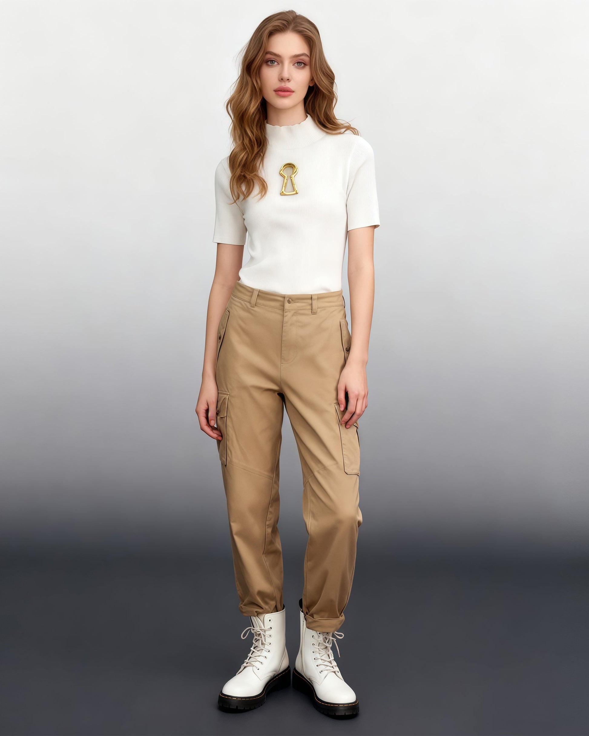 Apricot Ribbed Knit Top with Gold Keyhole Hollow Out - SISPELL