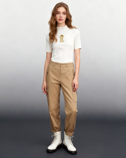 Apricot Ribbed Knit Top with Gold Keyhole Hollow Out - SISPELL