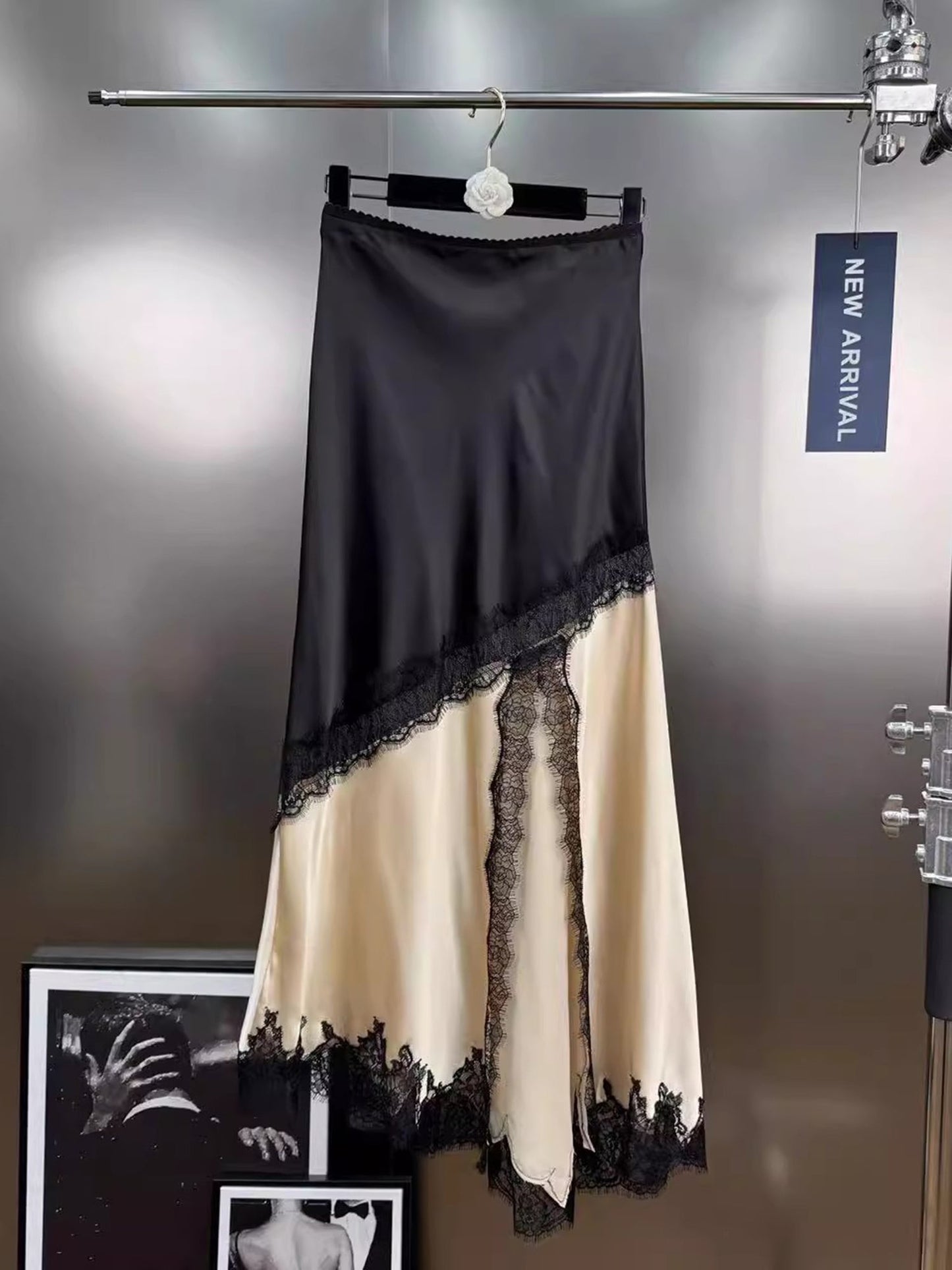 Apricot Satin Maxi Skirt with Black Lace - SISPELL