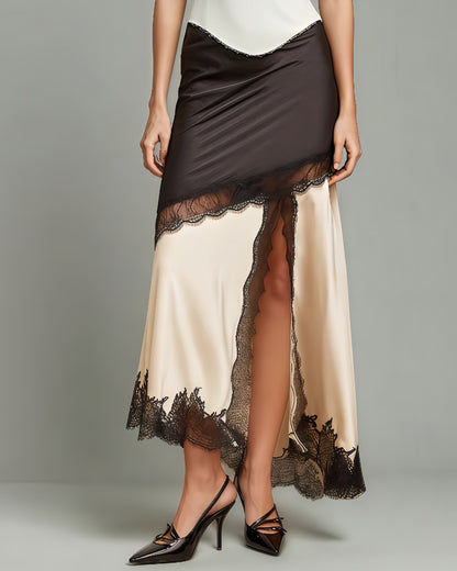 Apricot Satin Maxi Skirt with Black Lace - SISPELL