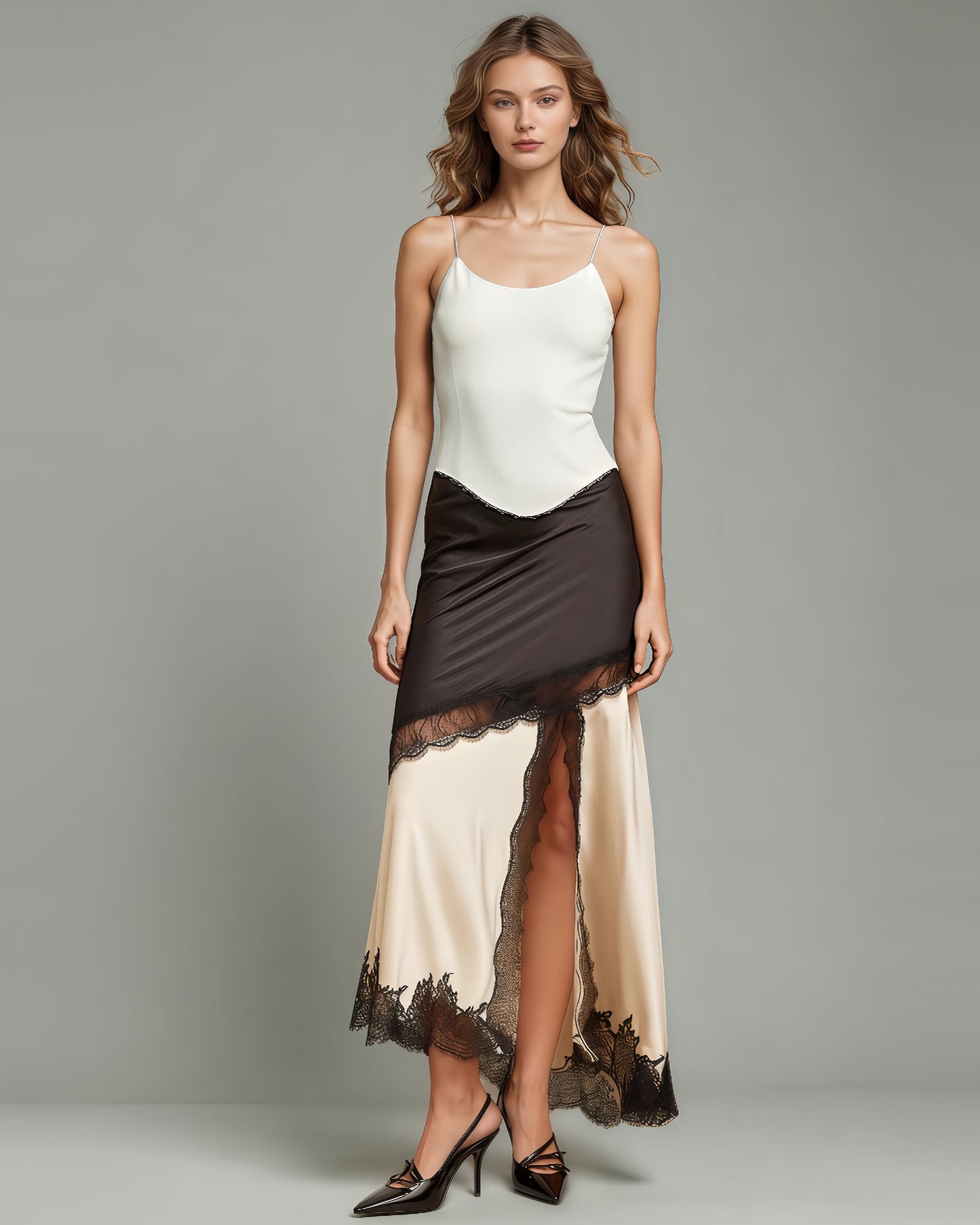 Apricot Satin Maxi Skirt with Black Lace - SISPELL