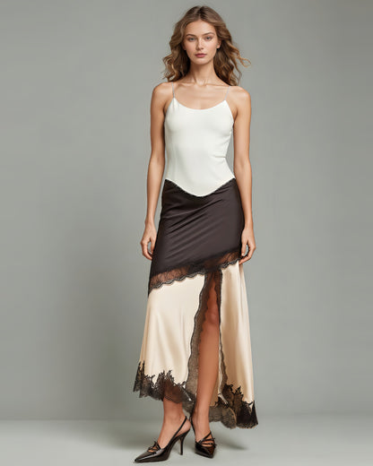 Apricot Satin Maxi Skirt with Black Lace - SISPELL