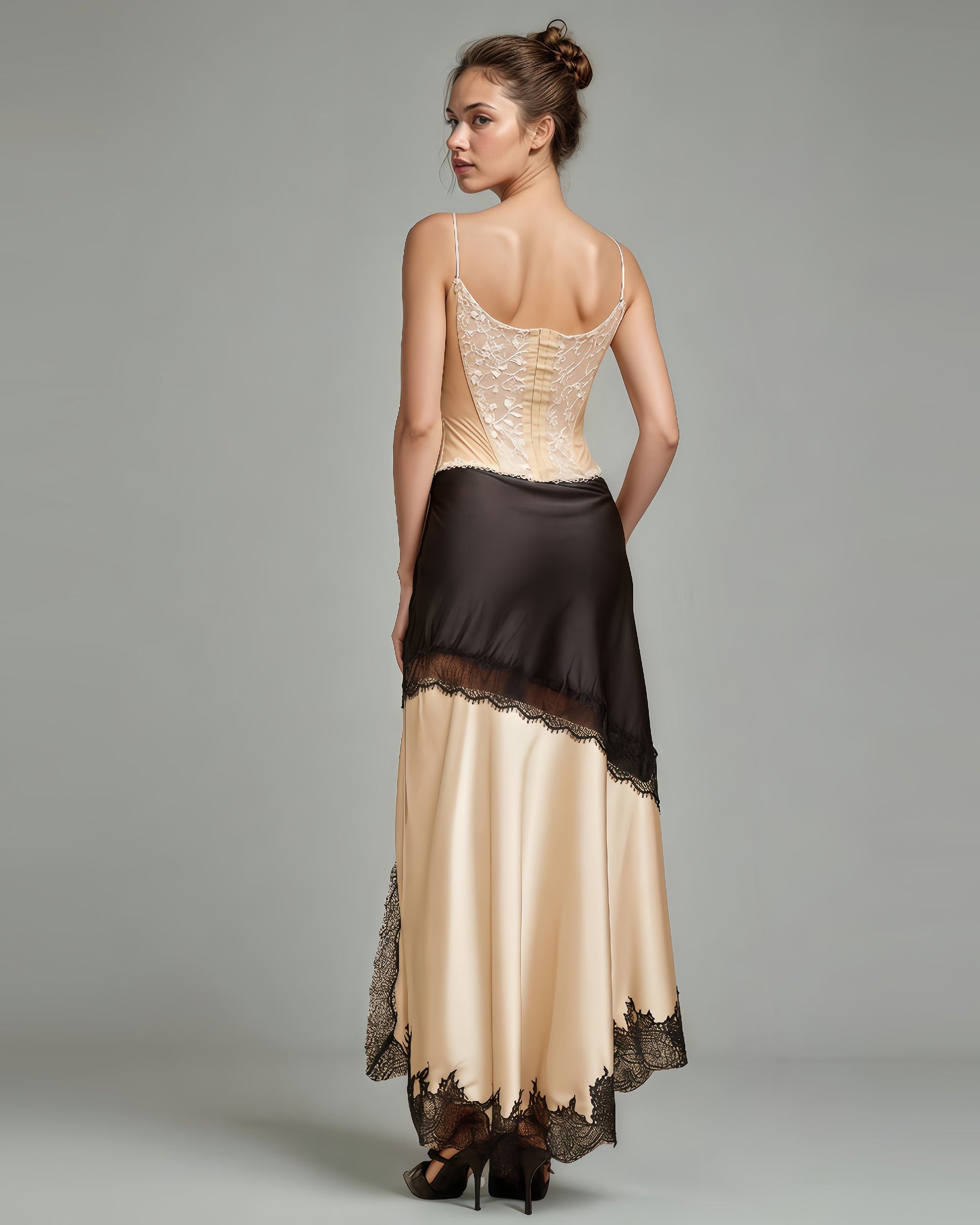 Apricot Satin Maxi Skirt with Black Lace - SISPELL