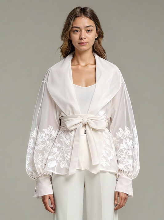 Apricot Sheer Floral Embroidered Belted Blouse - SISPELL