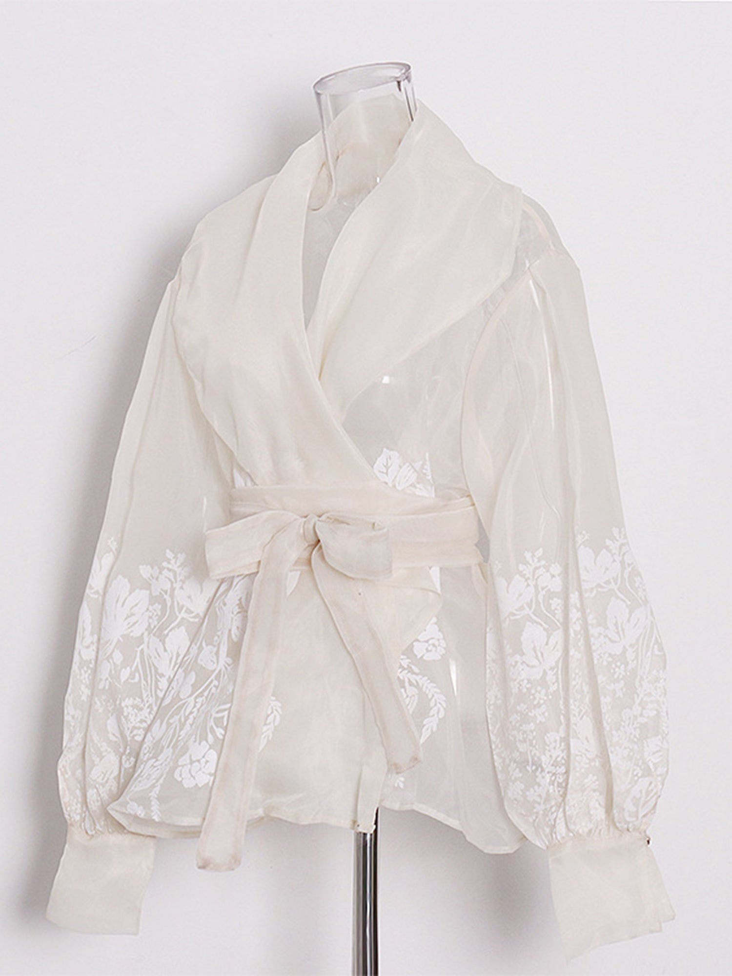 Apricot Sheer Floral Embroidered Belted Blouse - SISPELL