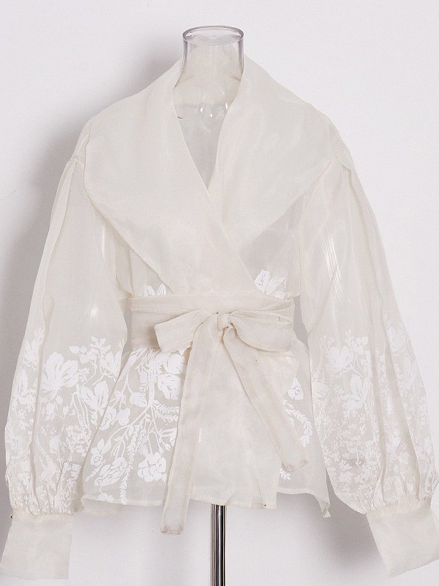 Apricot Sheer Floral Embroidered Belted Blouse - SISPELL