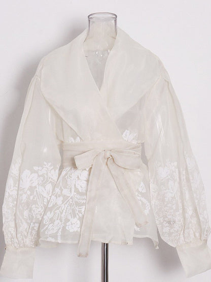 Apricot Sheer Floral Embroidered Belted Blouse - SISPELL