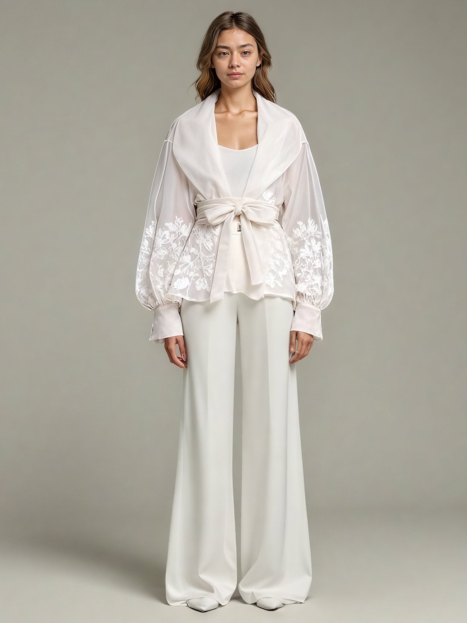 Apricot Sheer Floral Embroidered Belted Blouse - SISPELL