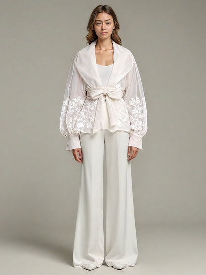 Apricot Sheer Floral Embroidered Belted Blouse - SISPELL