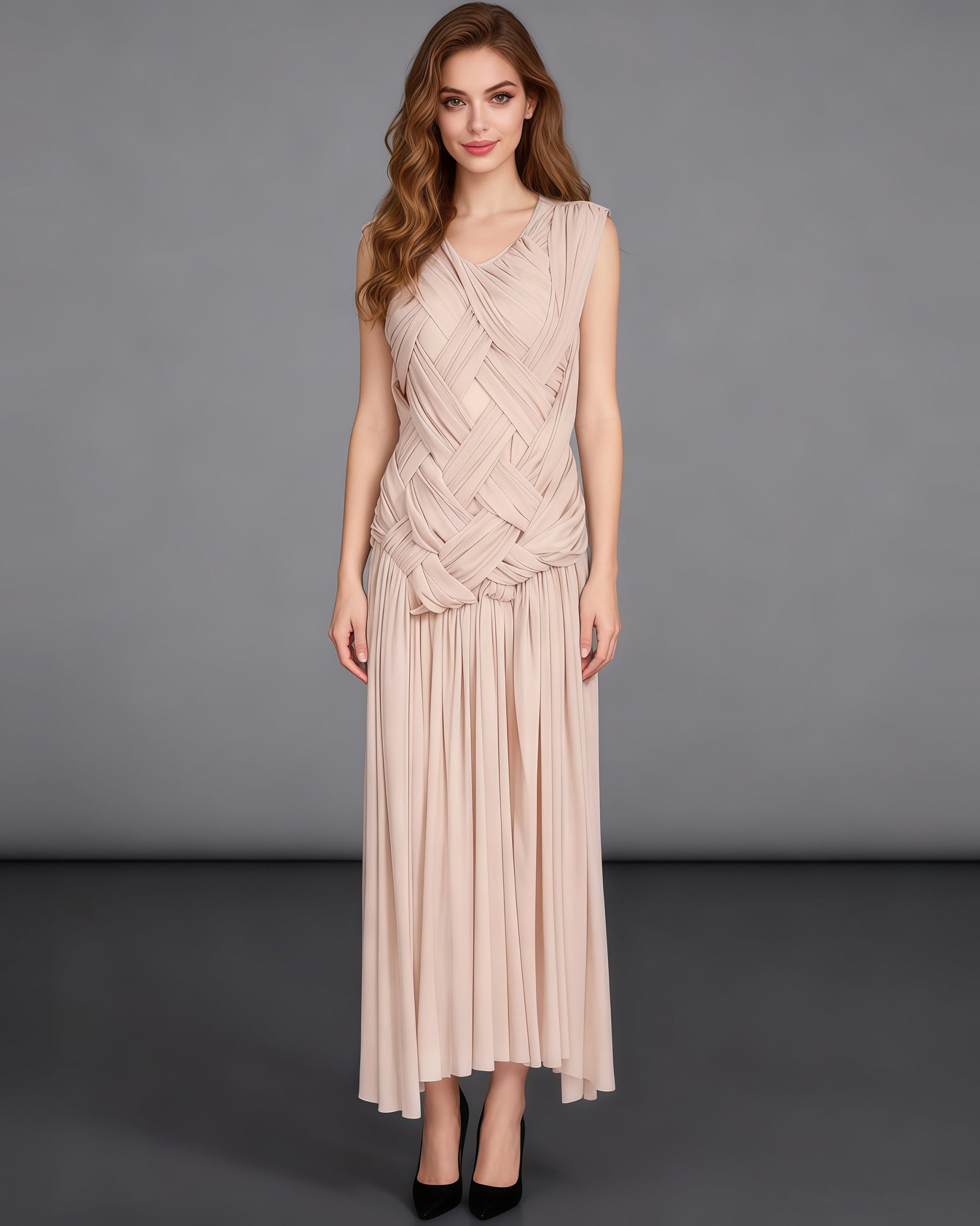 Apricot Sleeveless Knotted Ruched Maxi Dress - SISPELL