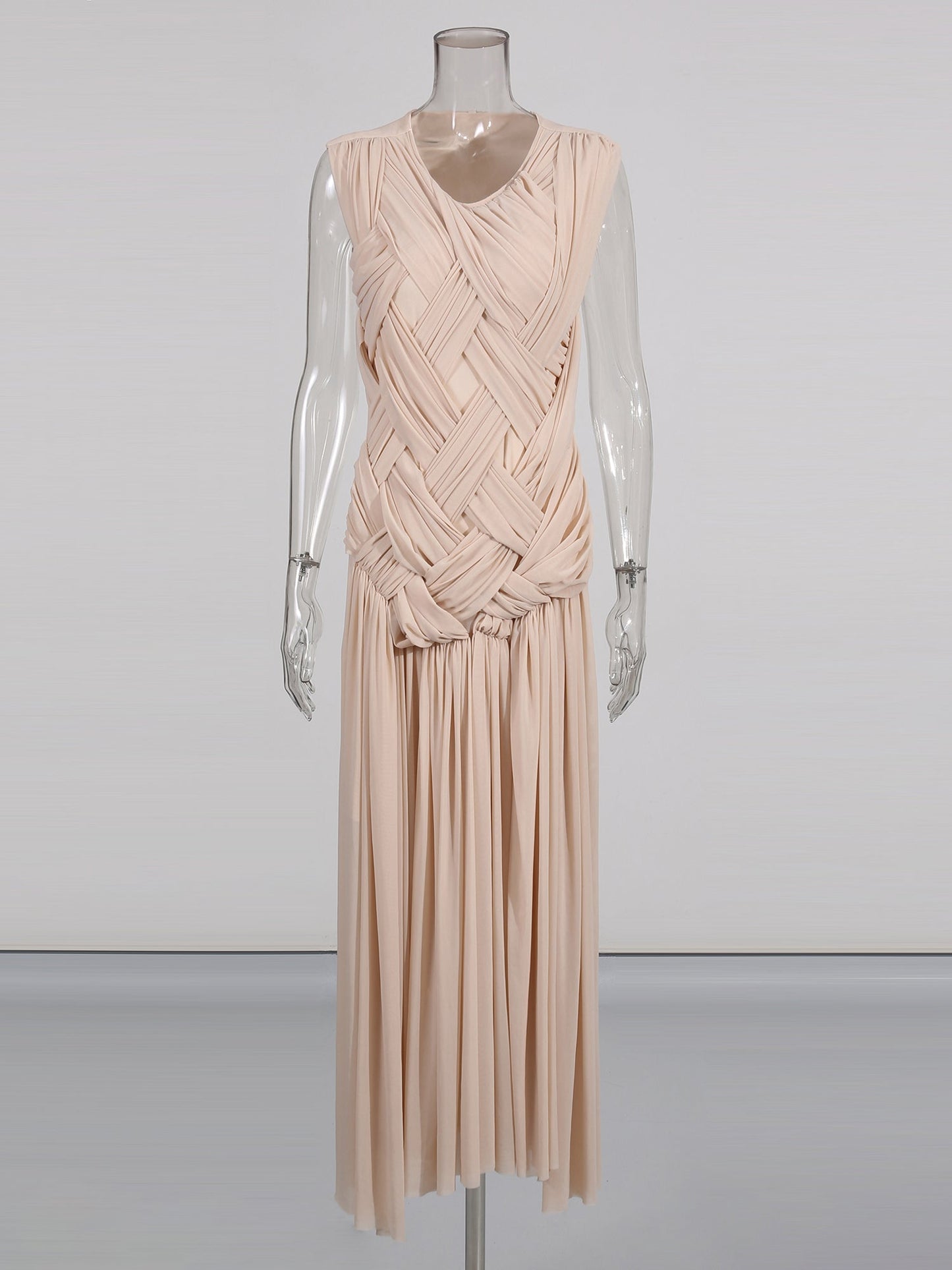 Apricot Sleeveless Knotted Ruched Maxi Dress - SISPELL