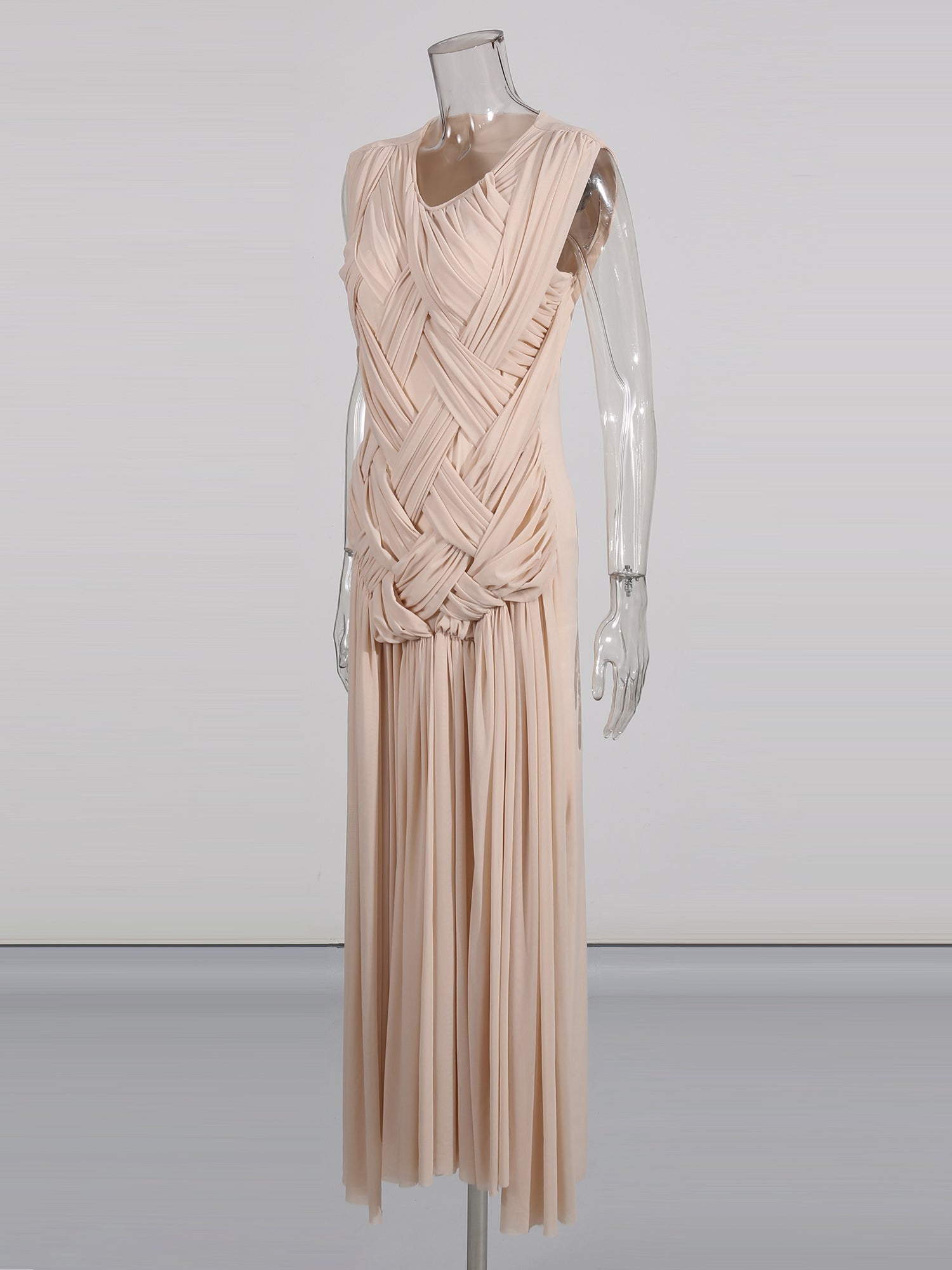 Apricot Sleeveless Knotted Ruched Maxi Dress - SISPELL