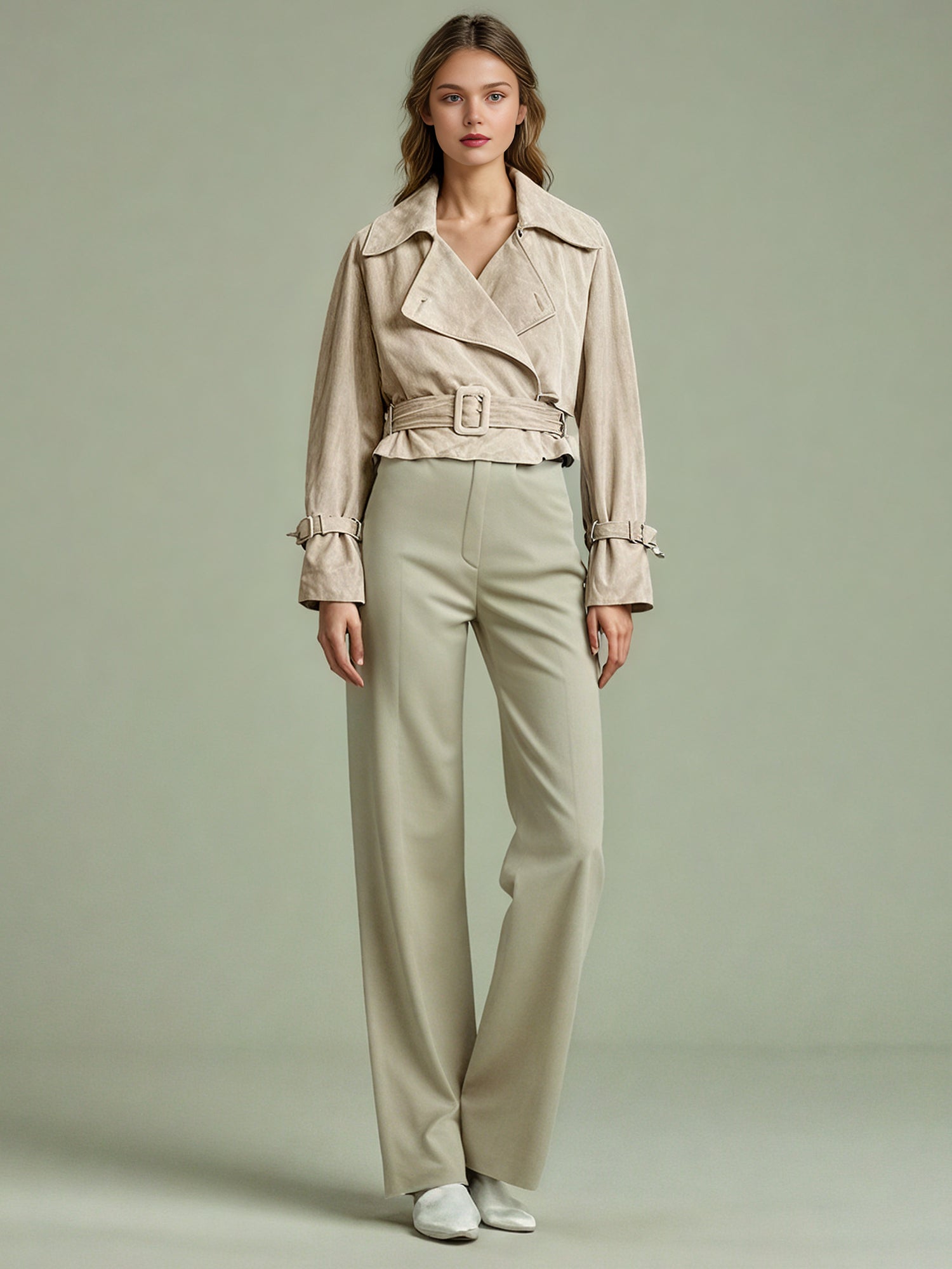 Apricot Suede Cropped Trench Jacket with Belt - SISPELL