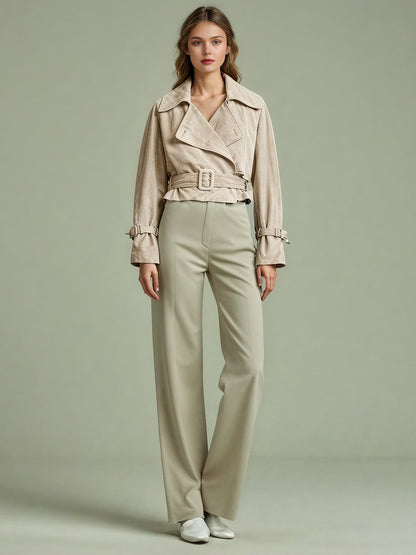 Apricot Suede Cropped Trench Jacket with Belt - SISPELL