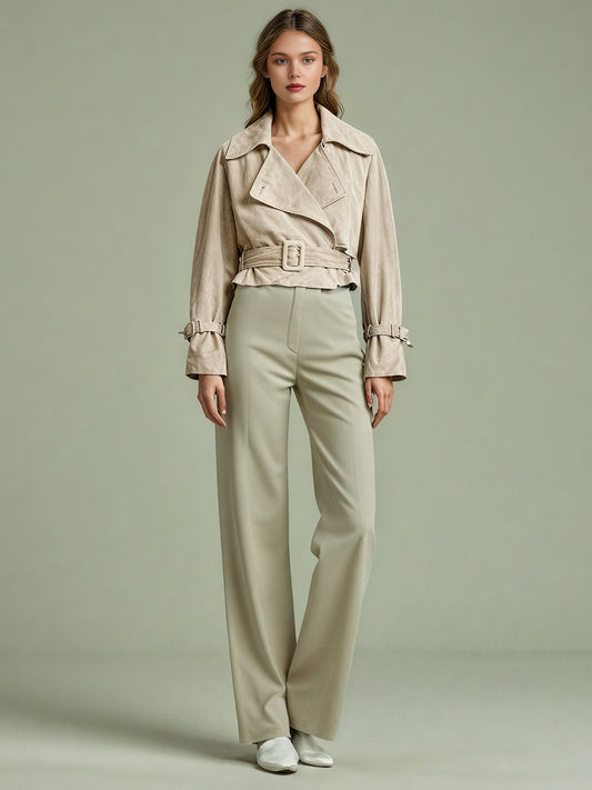 Apricot Suede Cropped Trench Jacket with Belt - SISPELL