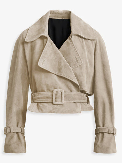 Apricot Suede Cropped Trench Jacket with Belt - SISPELL