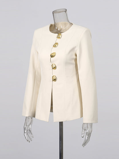 Apricot Suit Set with Gold Button & Flared Pant Detail - SISPELL